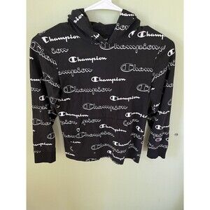 Champion Boys Hooded Long Sleeve Tee Shirt Black White Lettering Size Small